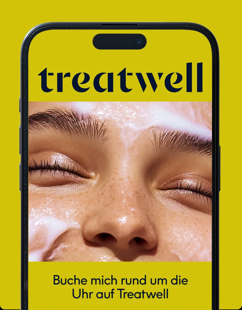 Smartphone mit der Treatwell-App und der Einladung, rund um die Uhr zu buchen