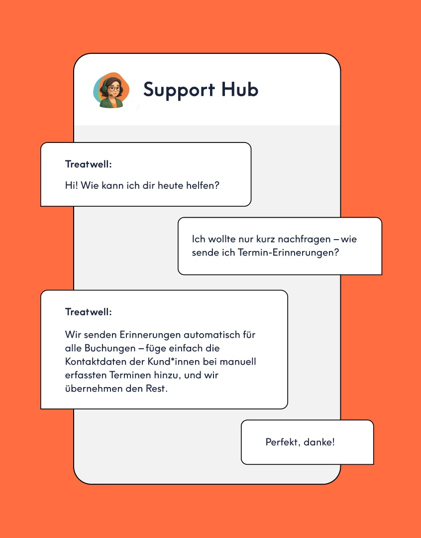 Chat-Verlauf im Support Hub von Treatwell Connect zum Versenden von Terminerinnerungen