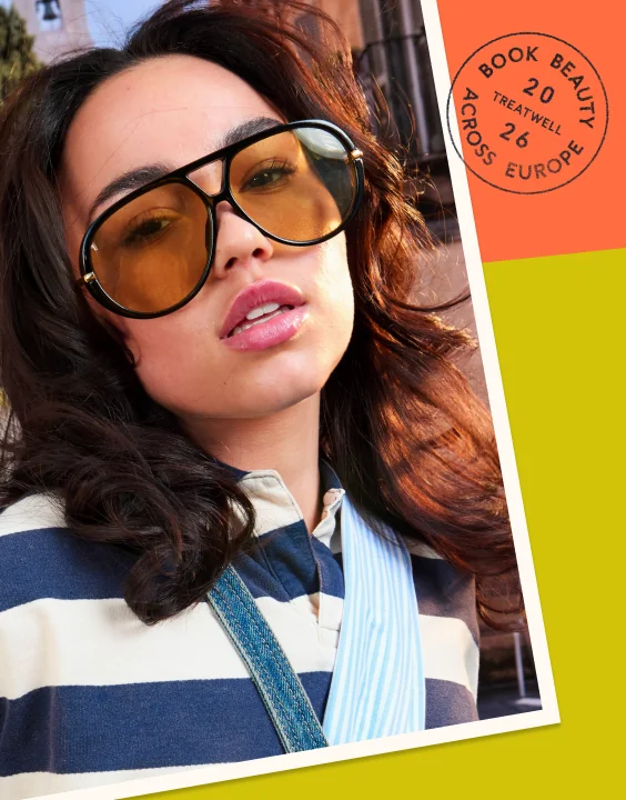 Kundin mit Sonnenbrille und Treatwell-Stempel „Book beauty across Europe 2026“